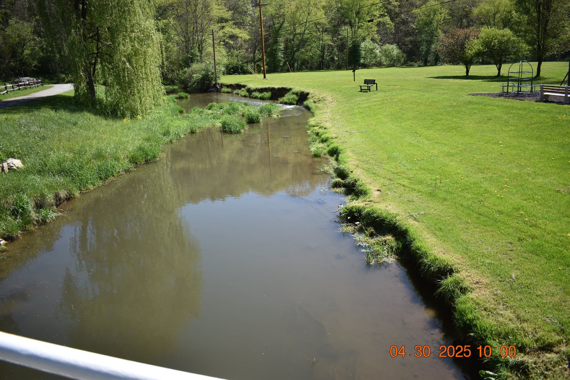 View from a bridge of the restored meadow stream cutting through a park