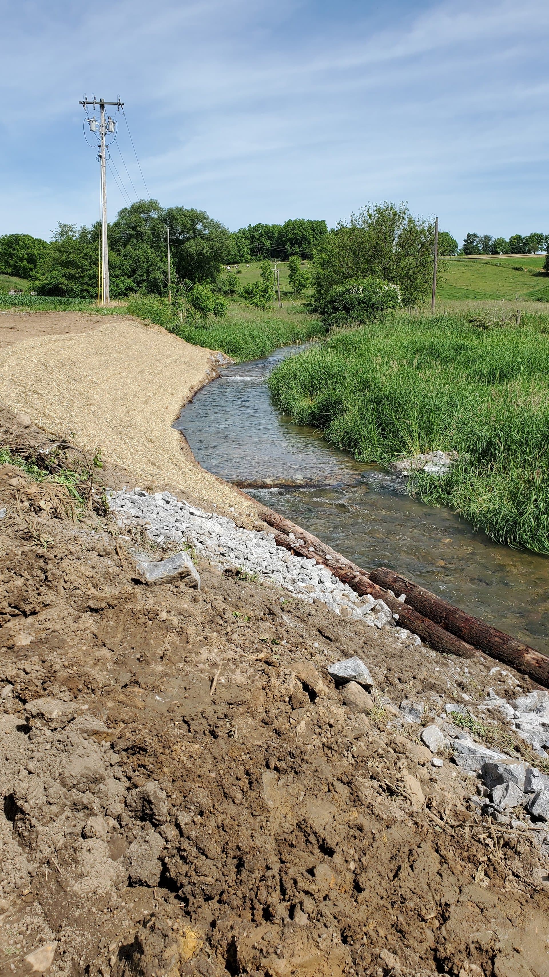 Newly placed stone toe with fresh hydroseed along the rebuilt bank